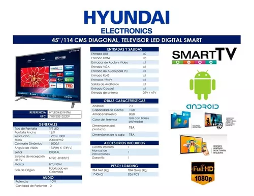 Televisor 45 Full HD Smart Android TV HYLED4501INTM HYUNDAI