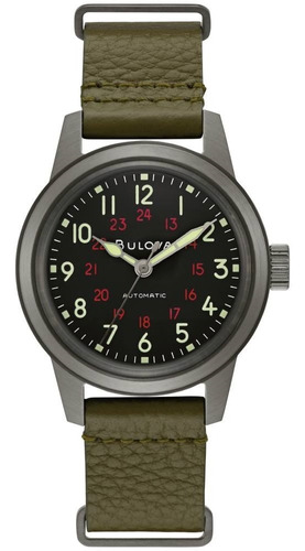 Relógio automático masculino Bulova Classic 98a255, cor de malha, verde militar, cor do bisel, cor de fundo prateada, cor de fundo: preto