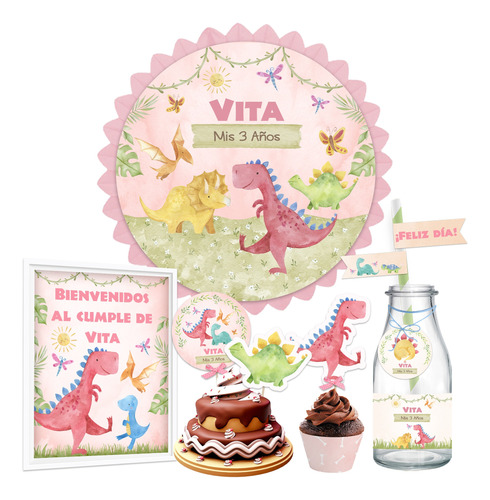 Kit Imprimible Dinosaurios Nenas + Banner Fondo Mesa Dulce