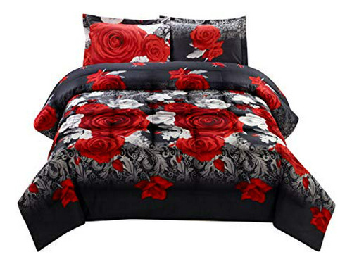 Hig 3d Comforter Set Queen - 3 Piece Red And White Rose Reac