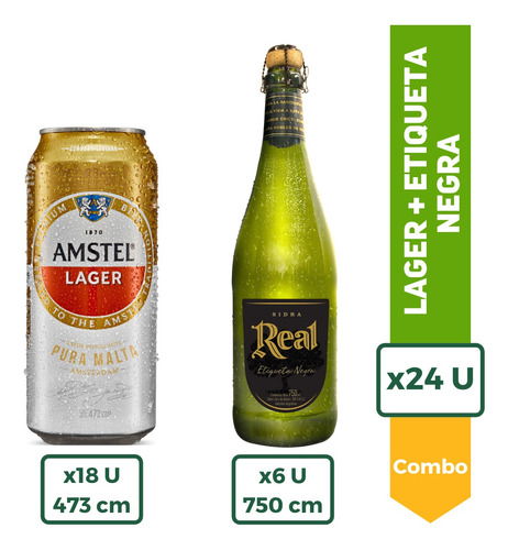 Cerveza Amstel Lager 473m X18 + Sidra Real Etiqueta Negra X6