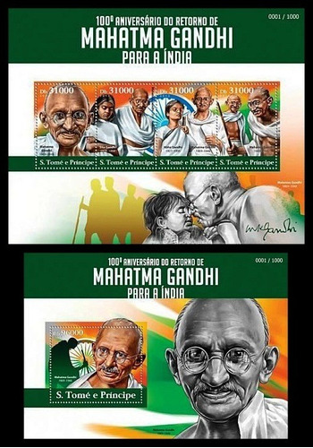 Mahatma Gandhi - Santo Tomé 2015 - Hojita + Block Mint 