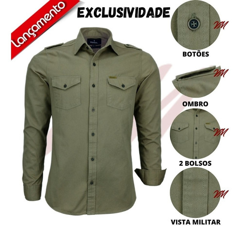 Kit 03 Camisas Masculina Slim Paris M Longa Estilo Militar