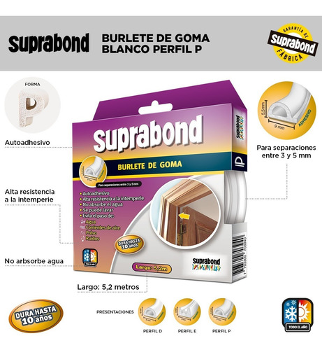 Imagen 2 de 10 de 2 Burletes Autoadhesivos De Goma Perfil P Color Blanco