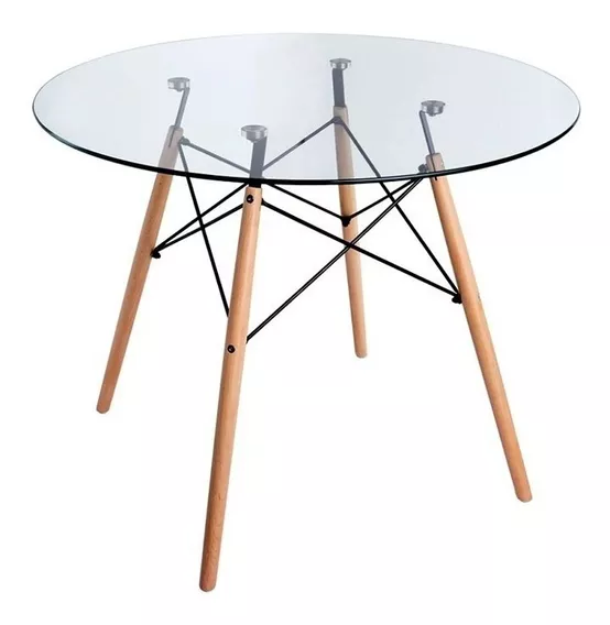 Mesa De Vidrio Redonda 100 Cm Eames Base Madera