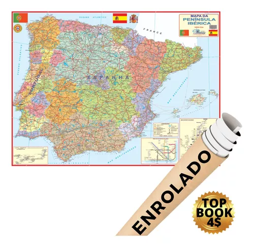 Mapa parede faibo espanha e portugal plastificiado enrolado 98x134 cm