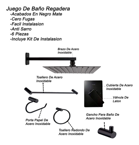 Juego Baño Cuadrado Regadera 15cm Monomando 6 Pz Negro Lujo