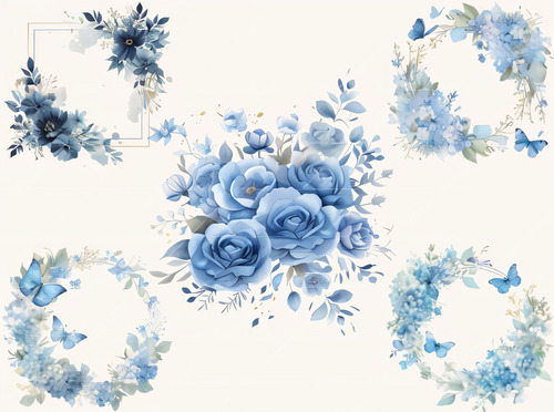 Kit Imagenes Png Clipart Flores Azules Y Marcos Acuarela