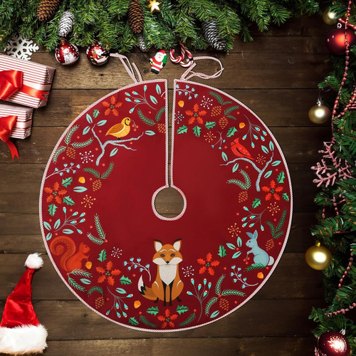 Falda De Arbol Navidad Animales Del Bosque Roja Rustica Multicolor
