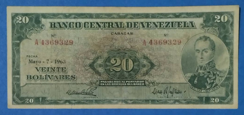 Antiguo Billete De 20 Bs De 1963 A-7, Bonito.