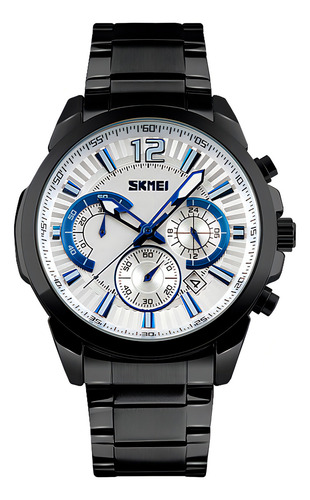 Reloj Hombre Skmei 9108 Acero Fecha Cronografo Elegante Malla Negro/blanco/azul