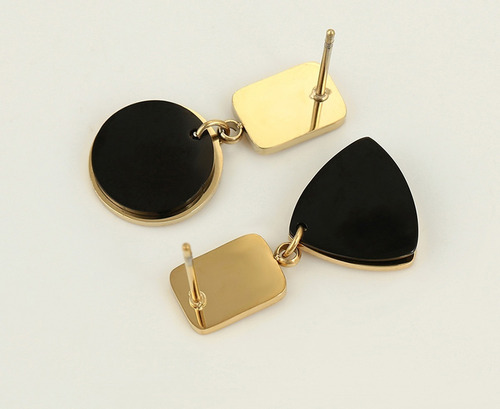 Arete Colgantes Oro 18k Lam Negro Circulo Triangulo Mujer