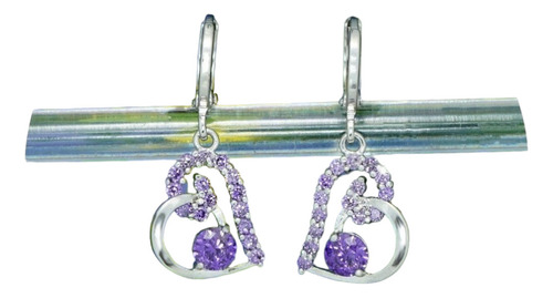Aretes Colgantes Oro Blanco 18k Corazón Gema Amatista Morado