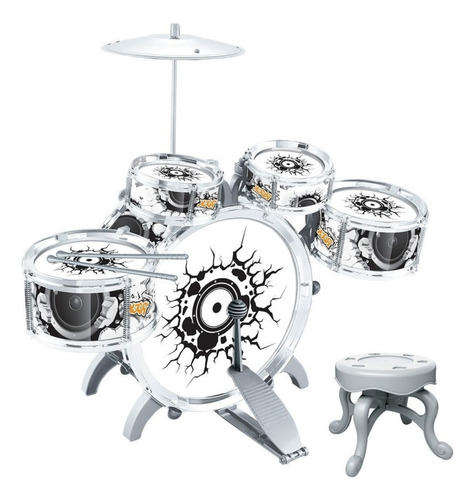 Bateria Infantil Rock Party Com Banquinho Banqueta Meninos Cor Branco