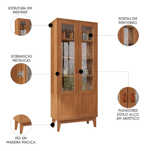 Cristaleira Com Portas De Vidro Sala De Jantar Liria Cedro Cor Marrom