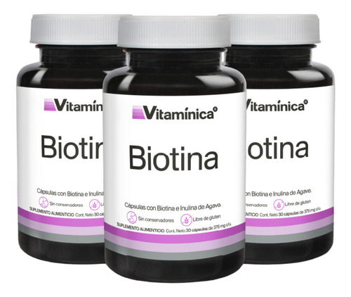 Pack X3 Biotina Vitaminica 90 Cápsulas Biotina Y Fibra 376mg Sabor Sin Sabor