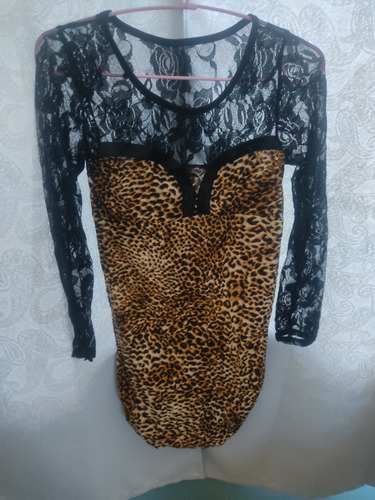 Vestido Alicrado Leopardo Con Encaje Talle S/m