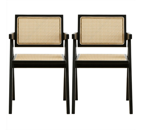 Sillones Square De Comedor Cocina Madera Rattan Sintético X2 Estructura de la silla Negro Asiento Beige