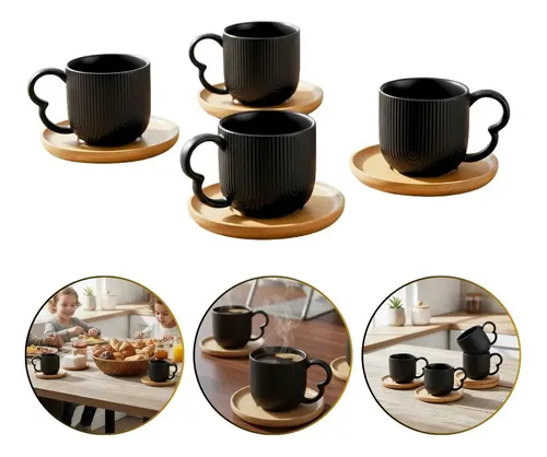 Jogo 4 Xícaras de  Café Porcelana com Pires de Bambu