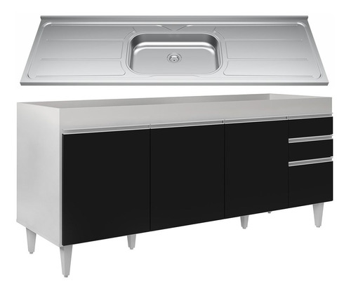 Balcão Gabinete Cozinha Com Pia Inox 180cm Dallas Lumil Cor Branco/Preto