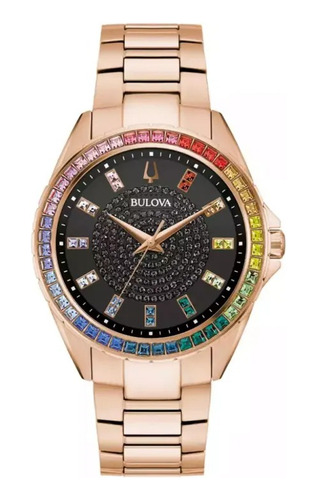 Reloj Bulova Phantom Rainbow Cristales Original 97a180 Color de la correa Oro rosa Color del bisel Multicolor Color del fondo Negro