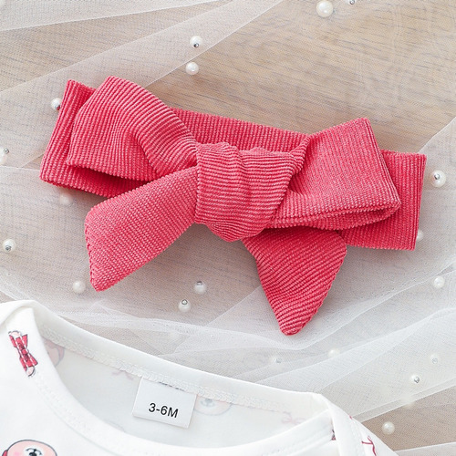 3 Pcs Conjunto Tierno Bebé Con Estampado De Osito Y Diadema Rosa 0-3 M