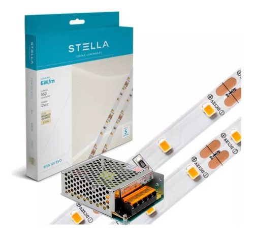 Fita Led Stella 5 Metros 6w/m 2700k Quente Ip65 C/ Fonte 5a Cor da luz Branco-quente Tensão de operação 12V 110V/220V