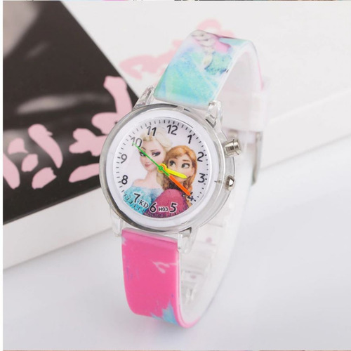 Reloj Frozen Princesas Ana Y Elsa Con Luz Niñas Infantil Correa Rosa Chicle Bisel Plateado