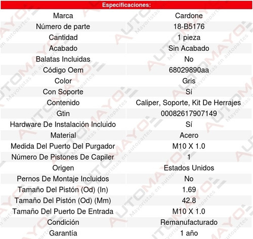 1 Caliper Freno Derecho Trasero Dodge Journey 09-12 Cardone (Reacondicionado)
