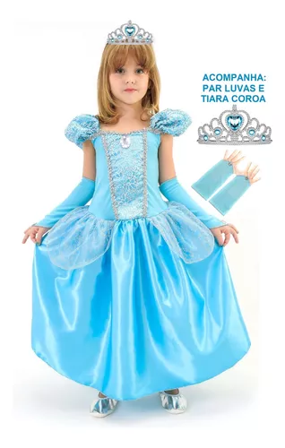 Vestido Cinderela Infantil de Luxo Longo Com Coroa e Luvas