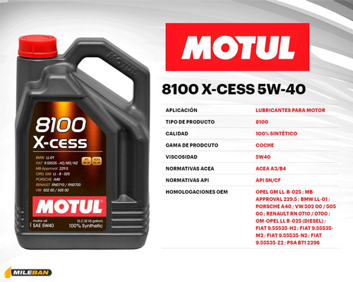 Lubricante Motul 5w40 Sintetico 100% 8100 5 Lts C/obsequio