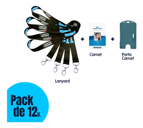 Cinta Lanyard + Porta Carnet + Carnet Personalizado Pack 12u