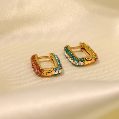 Aretes Arracadas Rectangular Multicolor Rainbow Baño Oro 18k