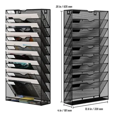 Organizador De Pared Para Archivos A4 - 16 Niveles Con Bandeja De Malla - Negro - 81x10x102cm
