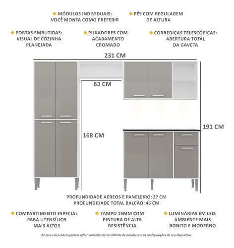 Cozinha Completa Compacta C/ 3 Leds, 4 Pç Xangai Multimóveis