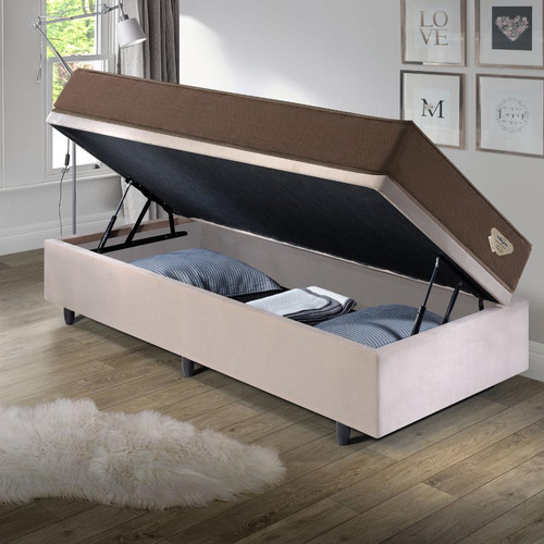 Base Box Baú 88x188 Suede Bege Com Colchão Adorabile Ecoflex