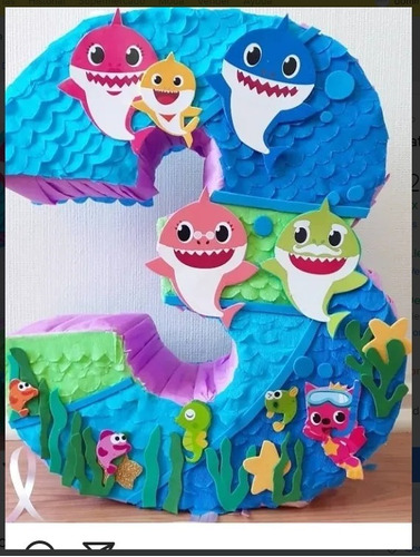 Piñata Cumpleaños Tematica Baby Shark Numero 3 Azul