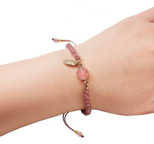 Pulsera Cuarzo Cuentas Piedra Natural Ajustable Joyería Moda Color Rosa Diámetro 18 Cm