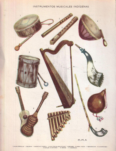 Instrumentos Musicales Indígenas, Lámina Antigua 1950