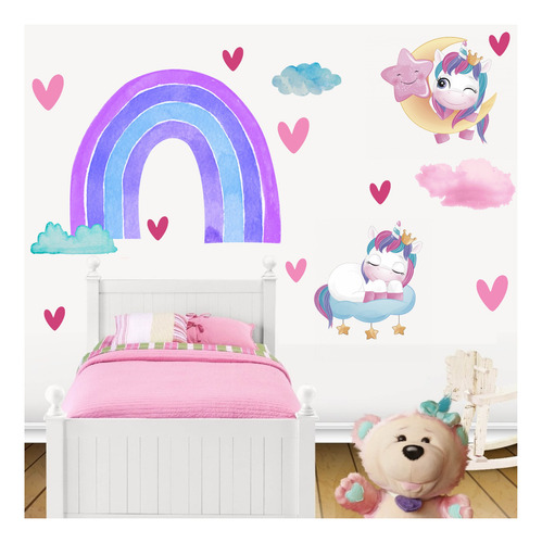 Vinilo Pegotin Pared Unicornios Arcoiris