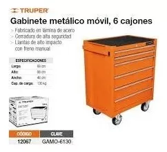 Gabinete metálico móvil, 6 cajones, capacidad 130 kg, Truper, Gabinetes,  12067