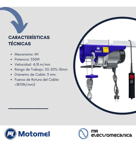 Imagen 6 de 10 de Malacate Aparejo Electrico Motomel 300kg 220v / Mae100