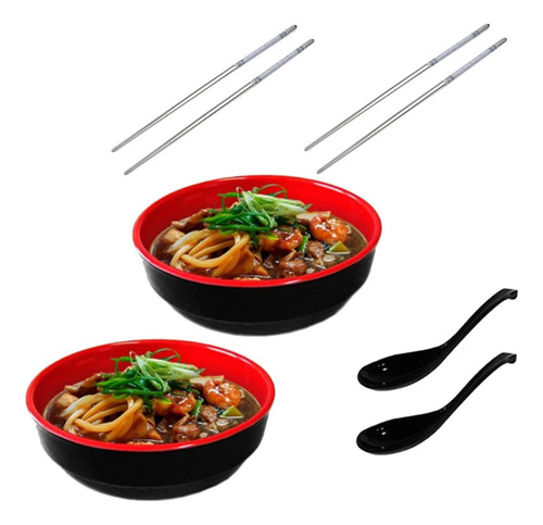 Kit Sopa Japonesa 2 Tigelas + 2 Colheres + 2 Pares De Hashi