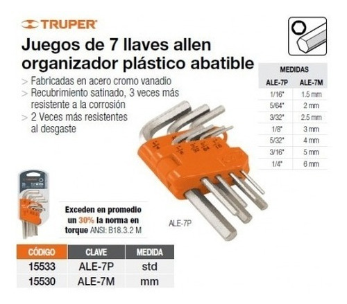 Llaves Allen Hexagonales Truper Juego 6 Pz Metricas