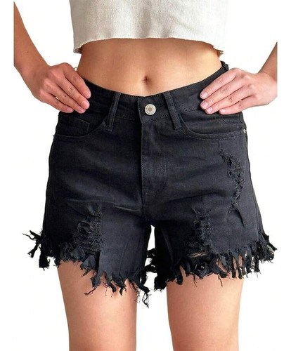 Pantalones Cortos De Mezclilla Elásticos Rasgados Para Mujer