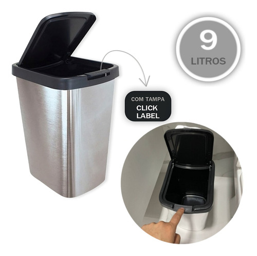 Kit 2 Lixeira 9 Litros Tampa Click Label Cesto Metalizado