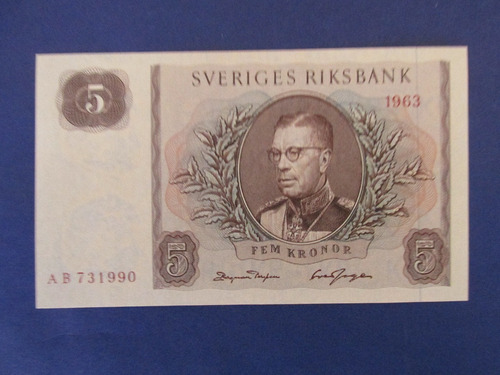 Billete Europa Reino De Suecia 5 Coronas Año 1963 Unc 