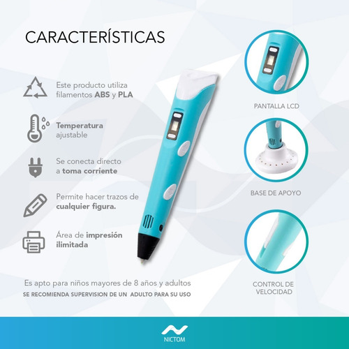 Imagen 3 de 5 de Lápiz Impresión 3d Nictom L3d Dibujo Oled Celeste Tl