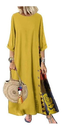 Boho Feminino Manga 3/4 Vestido Maxi Solto Kaftan Férias V