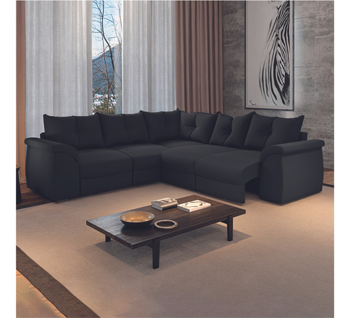Sofá De Canto 5 Lugares Retrátil Qatar Suede Preto
